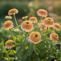 Zinnia Zinderella Peach pompom blooms with golden textured centres and soft peach and cream outer petals