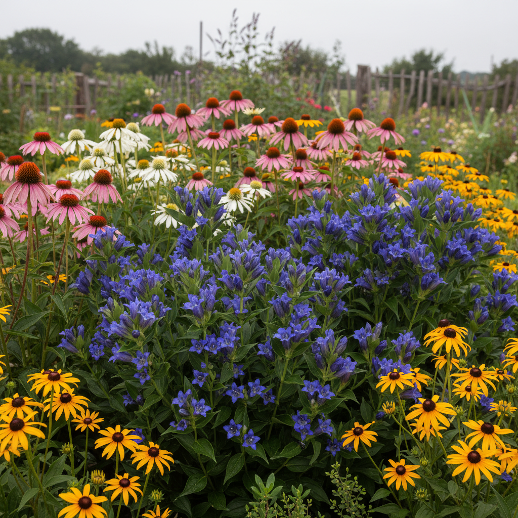 Gentiana makinoi Royal Blue clumps growing in a late summer cottage garden with pink echinacea and rudbeckia