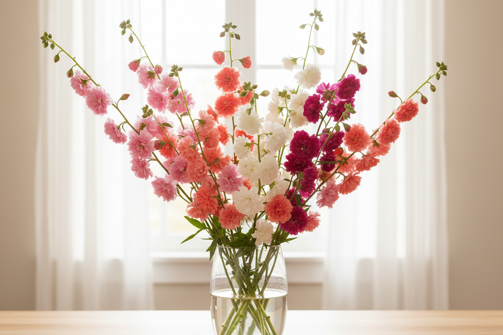 Clarkia unguiculata Double Mix — mixed colour stems of ruffled double blooms in soft pink, salmon, coral, deep rose and white arranged in a clear glass vase in front of a window with white sheers