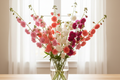 Clarkia unguiculata Double Mix — mixed colour stems of ruffled double blooms in soft pink, salmon, coral, deep rose and white arranged in a clear glass vase in front of a window with white sheers