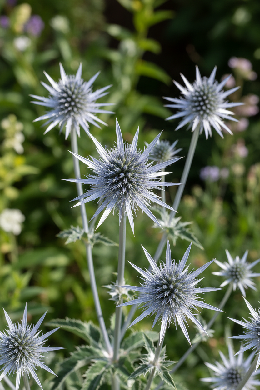 Silver Salentino — Eryngium planum, luminous silver-blue thistle flower heads with spiky silver bracts