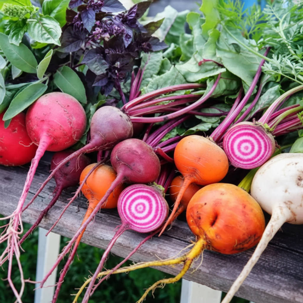 Freshly picked rainbow beetroot mix with burgundy, golden, orange and candy-striped varieties on a rustic potting shed table