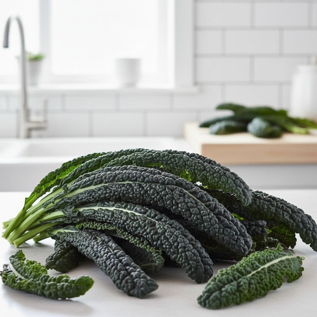 Fresh cavolo nero on a light bright airy kitchen bench