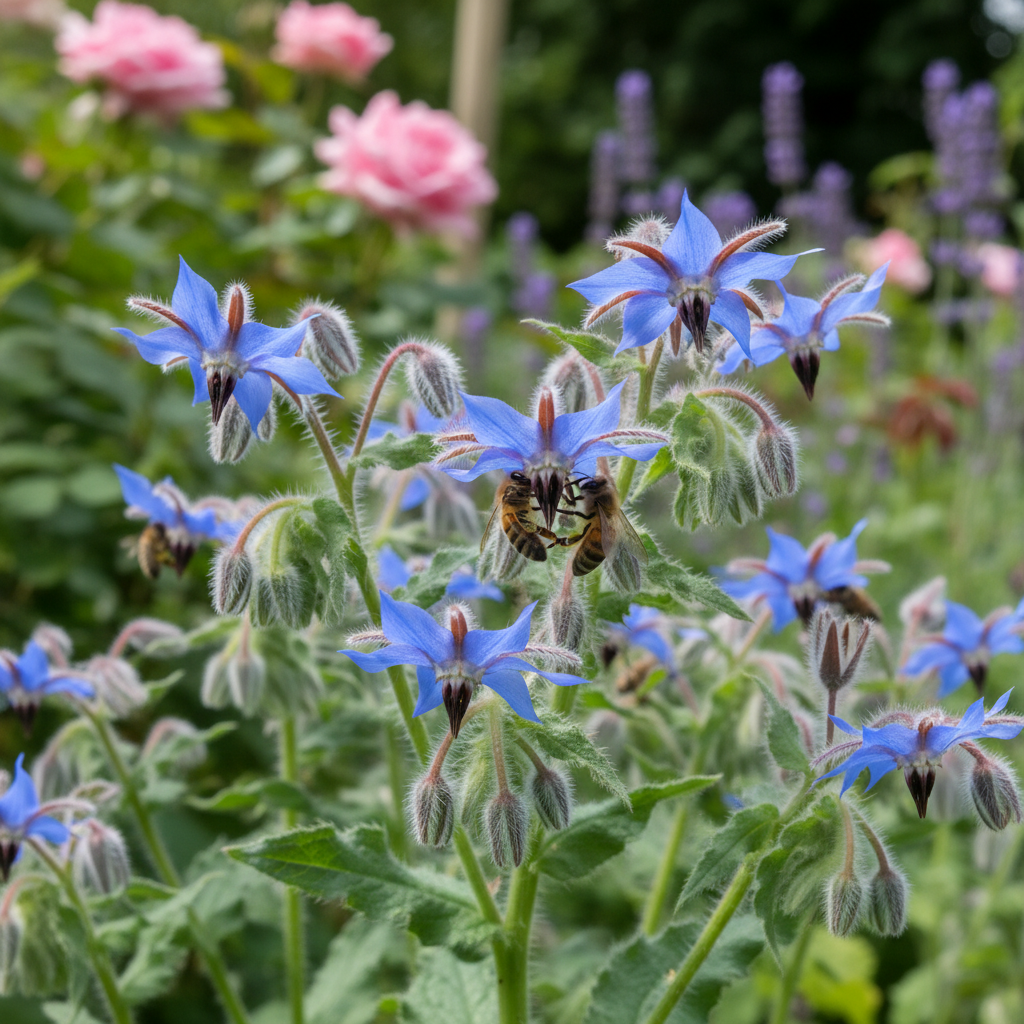 Blue Borage Borago officinalis with vivid true-blue star-shaped flowers and bees in a cottage garden