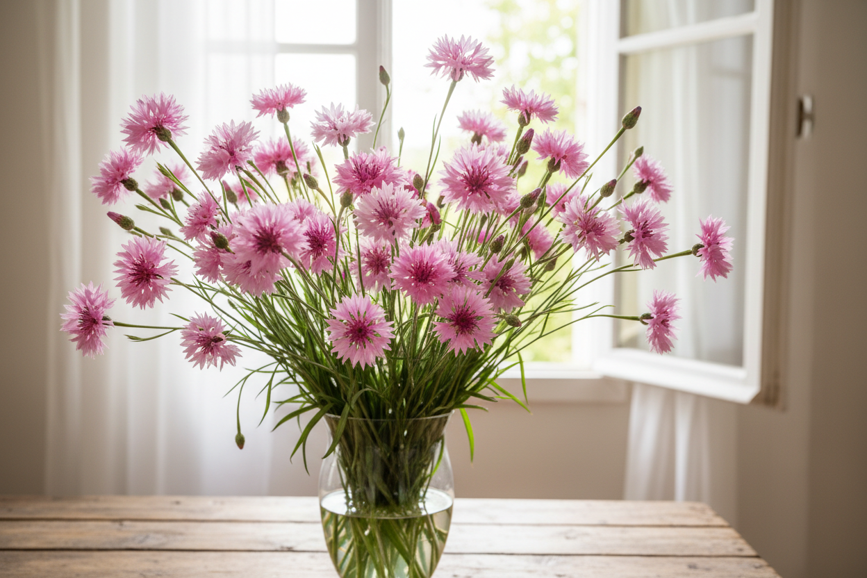 Centaurea cyanus pink cornflowers — full lush upright bunch in a clear glass vase in front of a bright window with white sheers slightly open