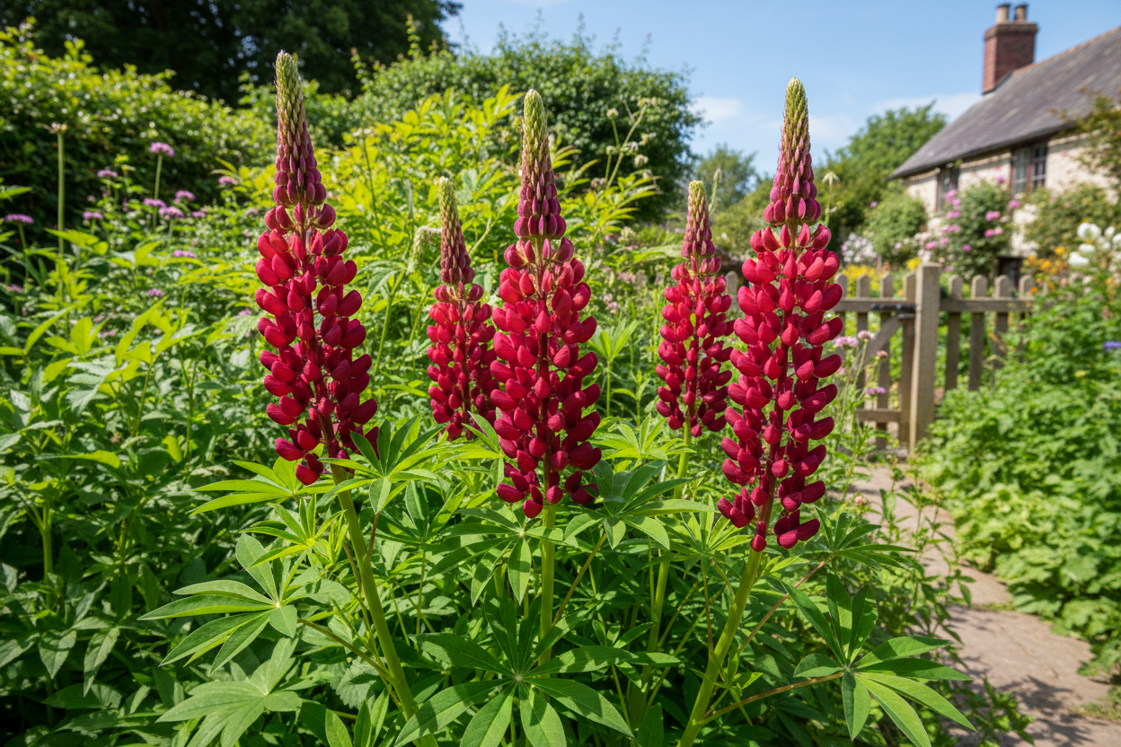 Lupinus polyphyllus The Pages lupins growing in a sunny cottage garden border with rich raspberry-crimson flower spires