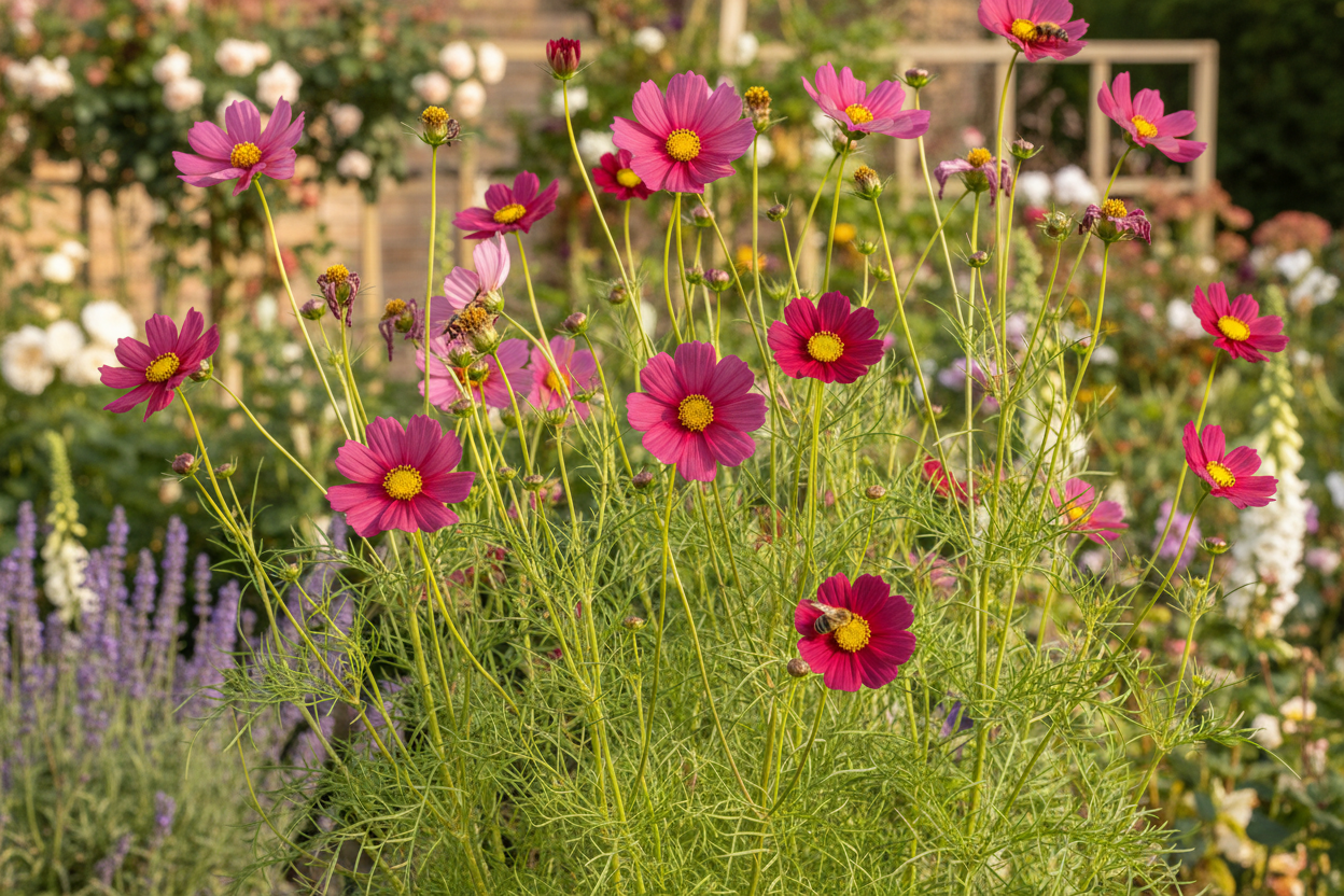Cosmos bipinnatus Xsenia — rich magenta-pink single blooms with deeper rose-red centre growing in an airy cottage garden border with buds and feathery green foliage