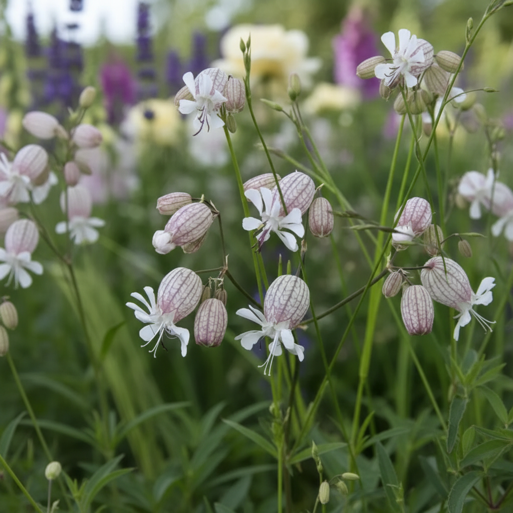 Silene vulgaris Blushing Lanterns inflated bladder calyces with white petals on branching stems in a cottage garden