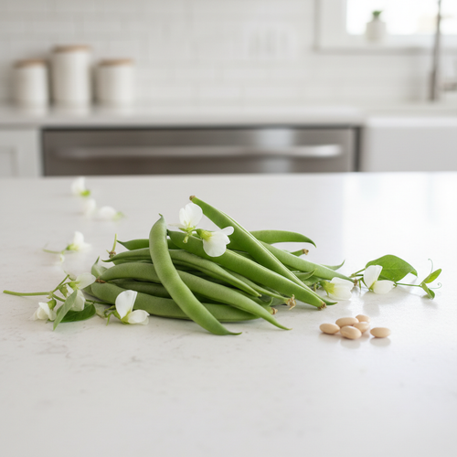 Fresh Blue Lake bush beans with white flowers and bean seeds on a light kitchen bench