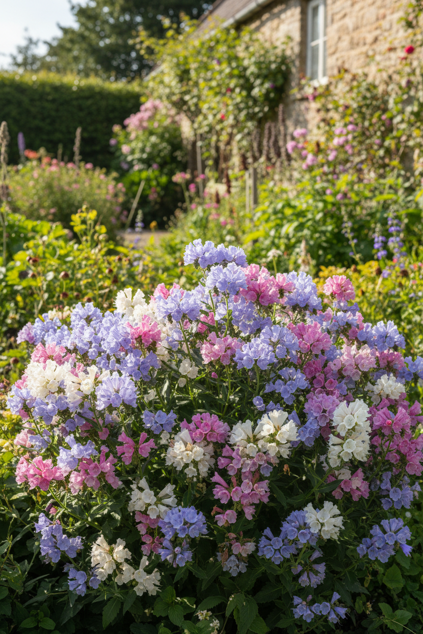 Cottage Charm Echium — Echium plantagineum, mixed trumpet flowers in blues, pinks, purples and whites in a sunny cottage garden