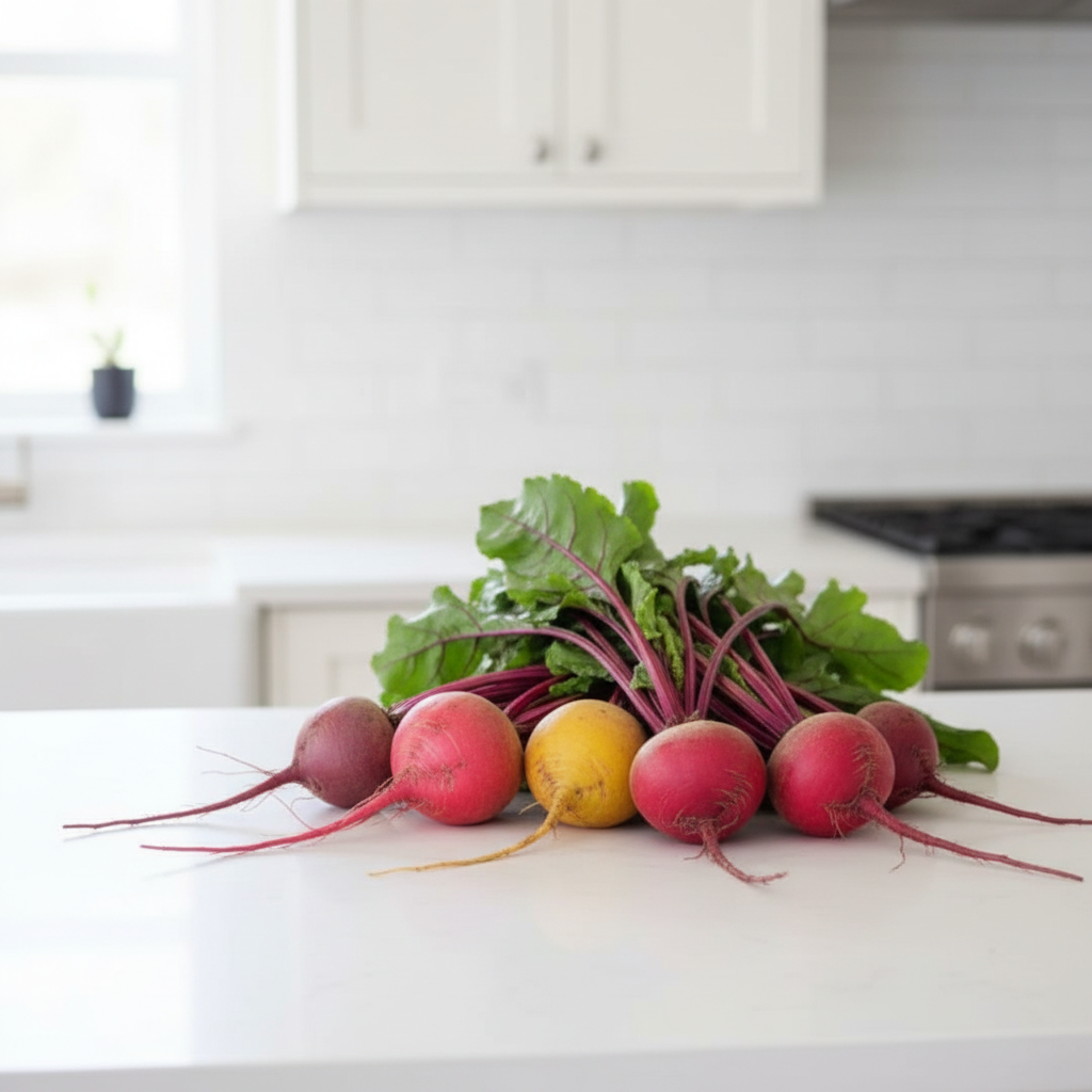 Fresh rainbow beetroot mix on a bright kitchen bench