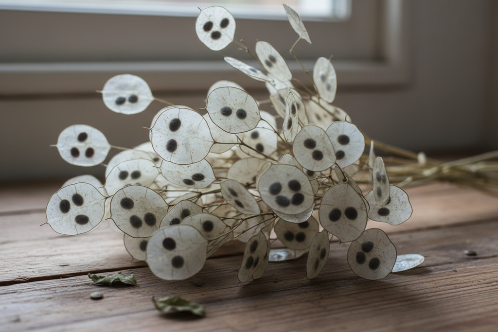 Loose bundle of Lunaria annua honesty stems with silvery translucent seed pods