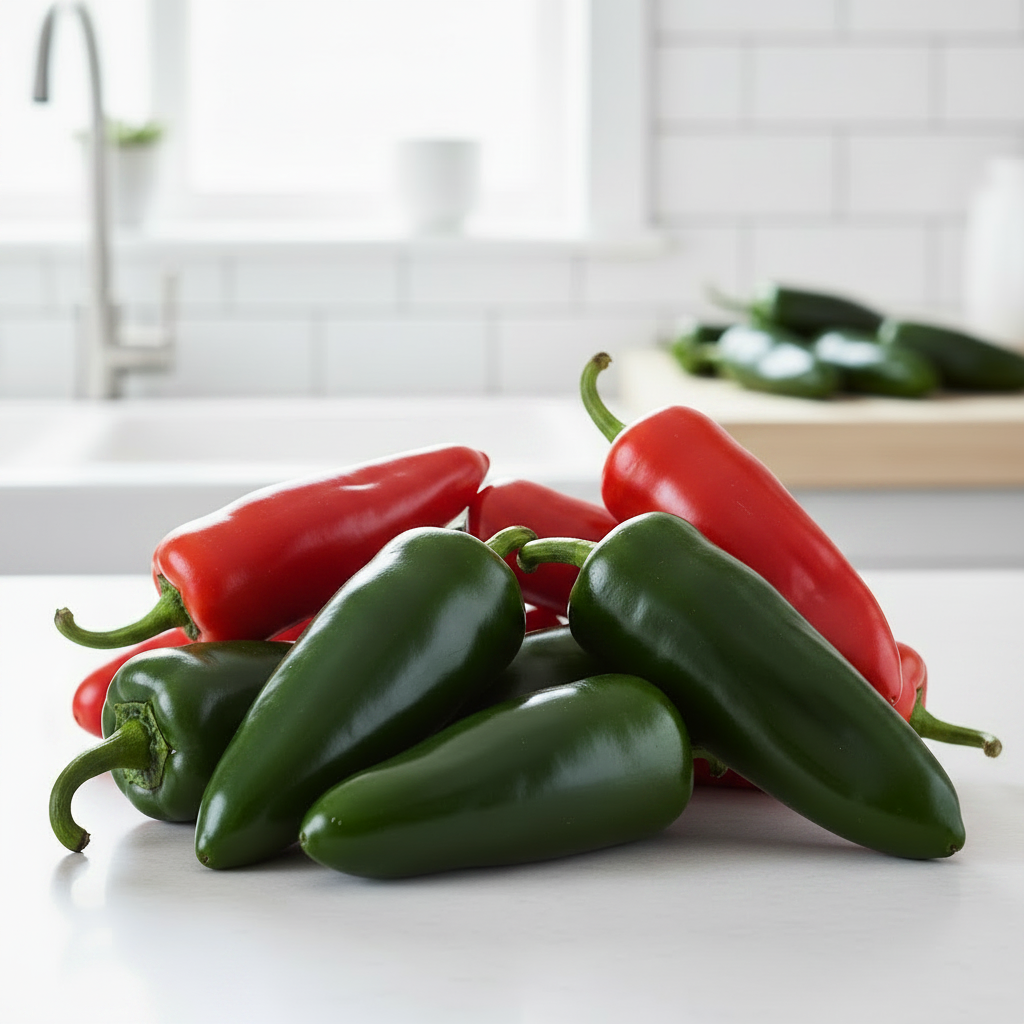 Large jalapeño Megatron chillies in green and red on a bright airy kitchen bench