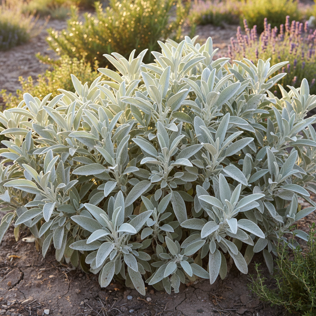Salvia apiana White Sage — dense silvery-white woolly foliage naturally growing in a sunny herb garden