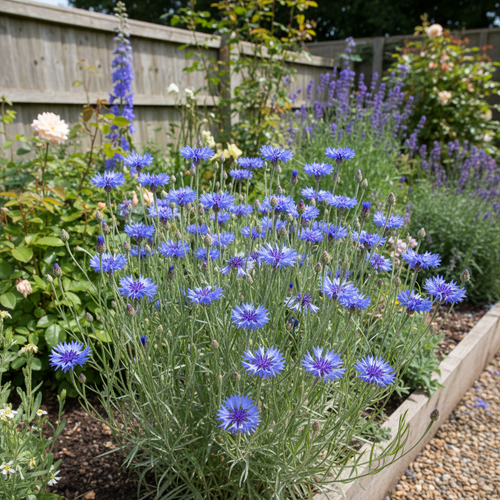 Centaurea cyanus classic blue cornflower with vivid sky-blue fringed blooms on slender wiry stems growing in a cottage garden border