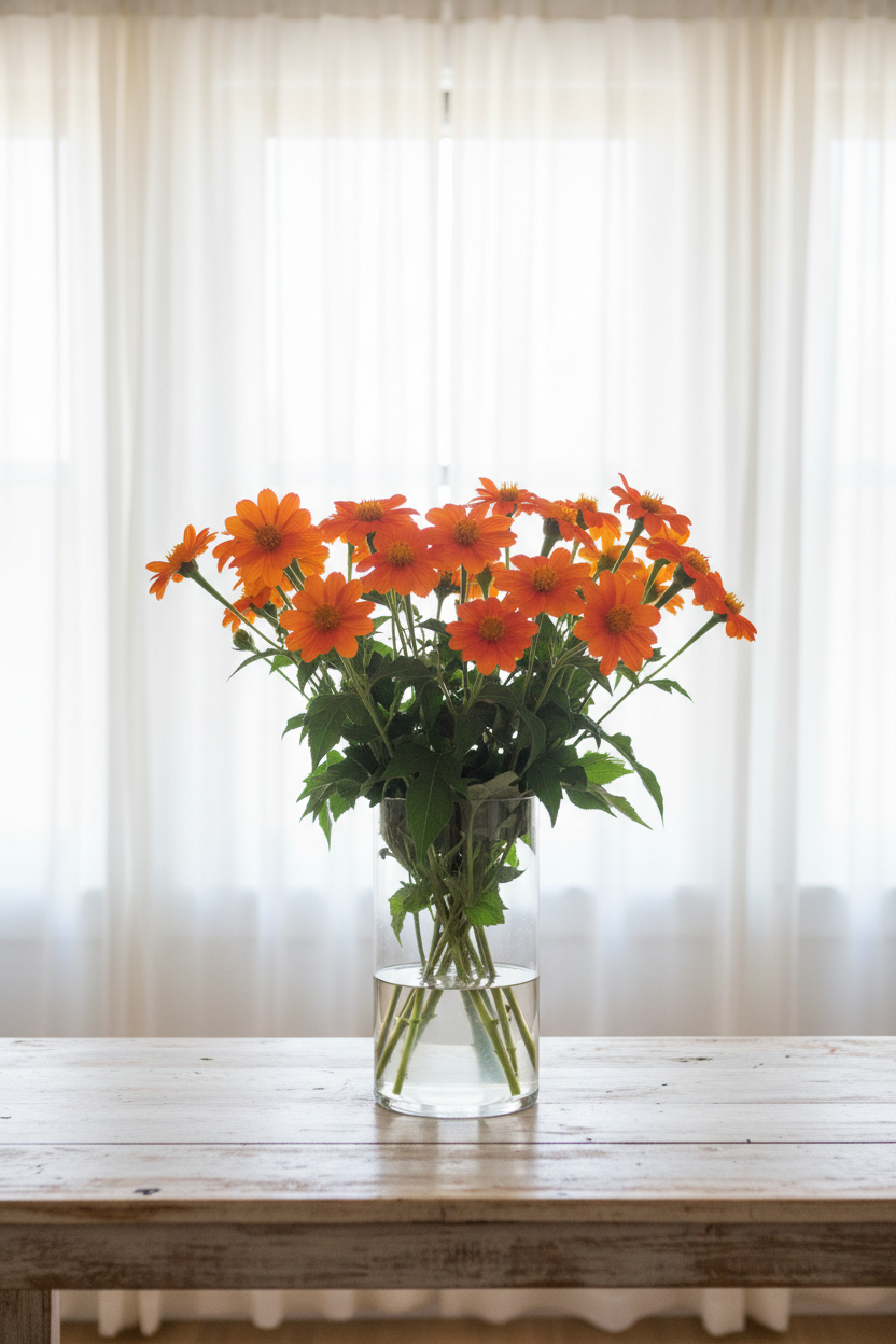 Tithonia diversifolia Mexican Sunflower — vivid orange daisy-like blooms with golden centres in a clear glass vase with soft backlit white sheers