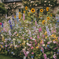 A lush romantic cottage garden in full bloom — pincushion flowers, nigella, delphinium, larkspur, malope, nasturtium, statice and sunflowers in soft mauves, blues, pinks and golds