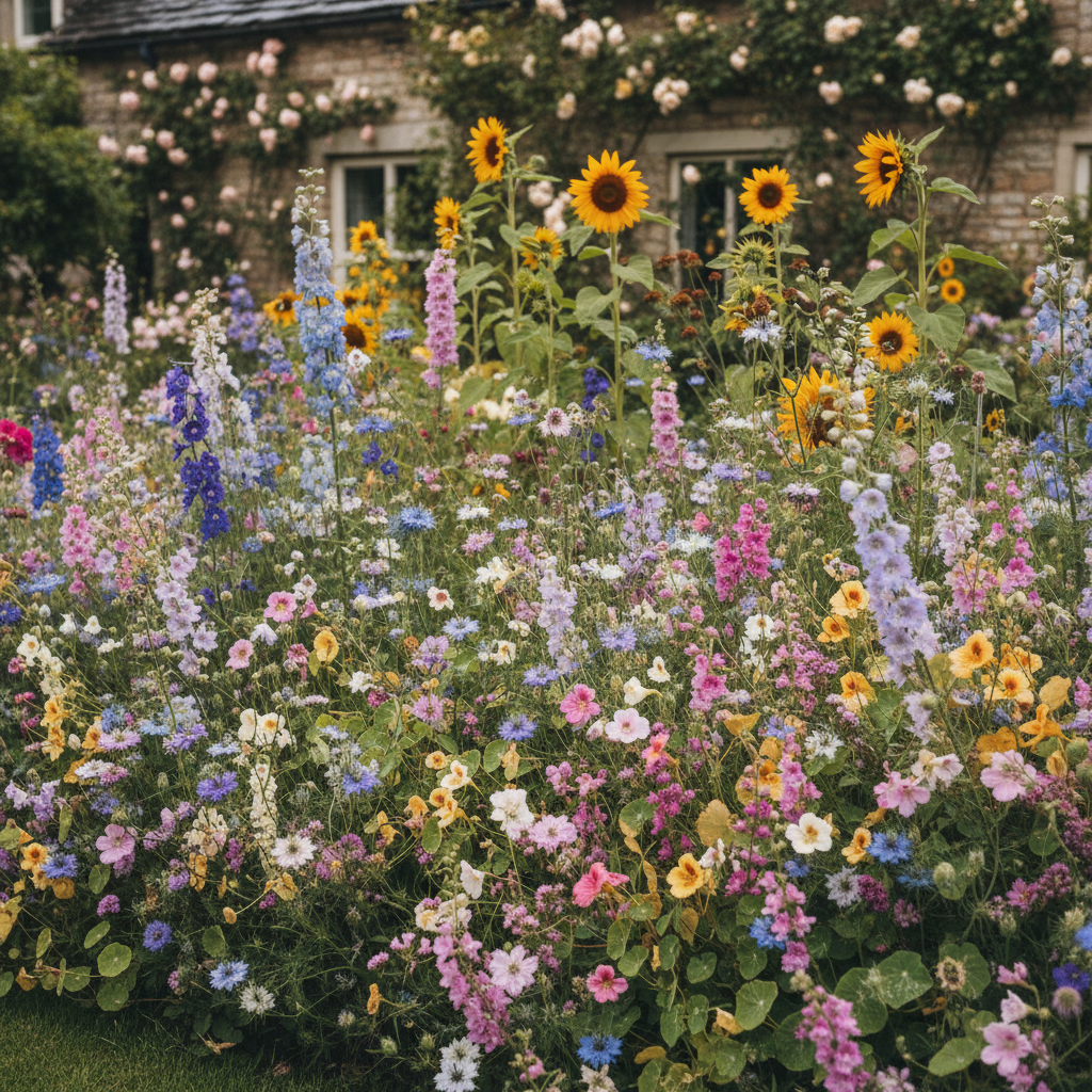 A lush romantic cottage garden in full bloom — pincushion flowers, nigella, delphinium, larkspur, malope, nasturtium, statice and sunflowers in soft mauves, blues, pinks and golds