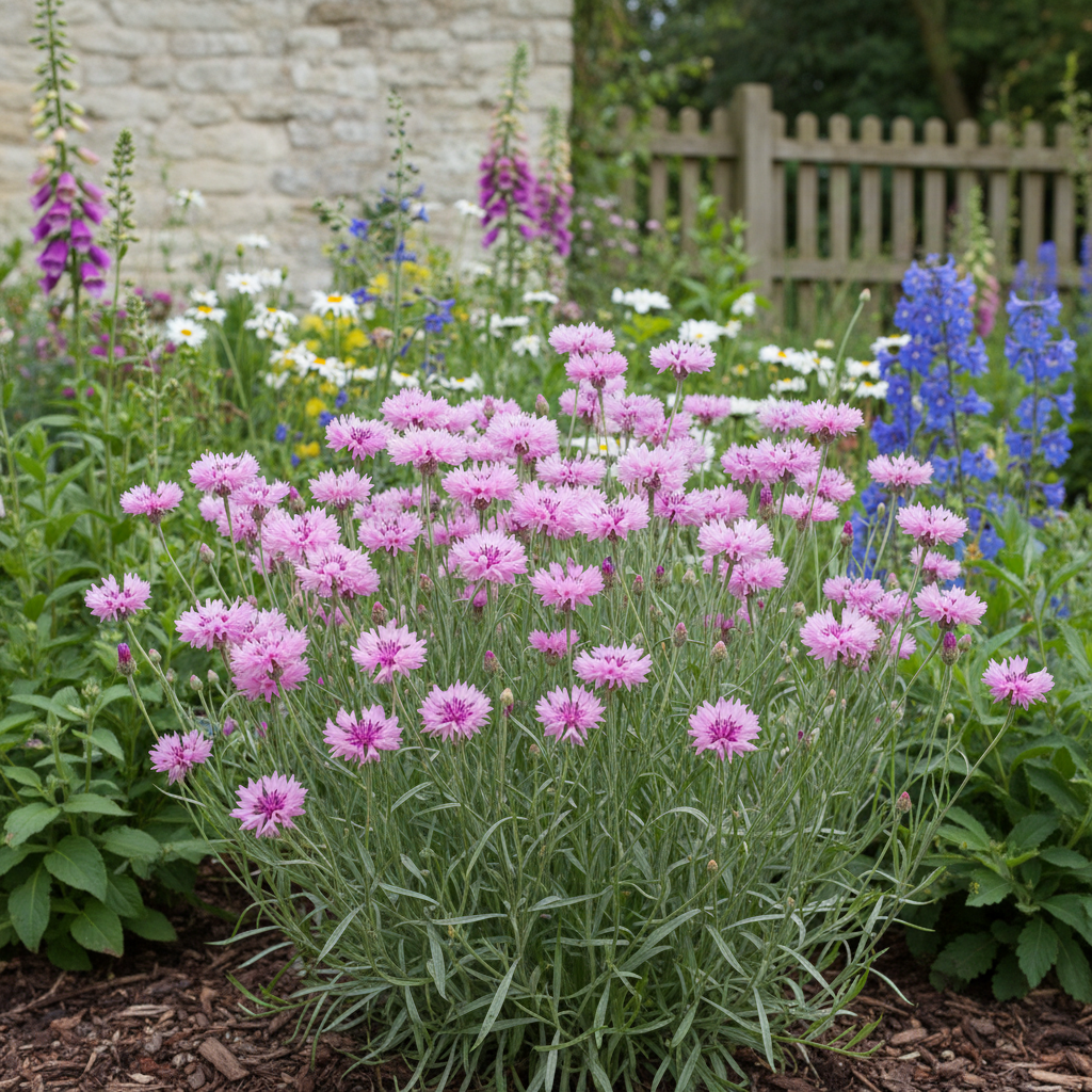 Centaurea cyanus pink cornflower with soft clear pink fringed blooms on slender wiry stems growing in a cottage garden border