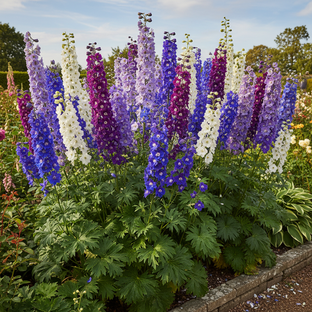 Delphinium cultorum Pacific Giants with tall majestic spires densely packed with blue, purple, lavender and white florets with contrasting central bee, in a cottage garden border