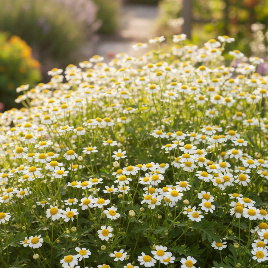 Close-up of Matricaria Feverfew single flowered with masses of small white daisy flowers with bright yellow button centres and bright green ferny foliage growing in a cottage garden
