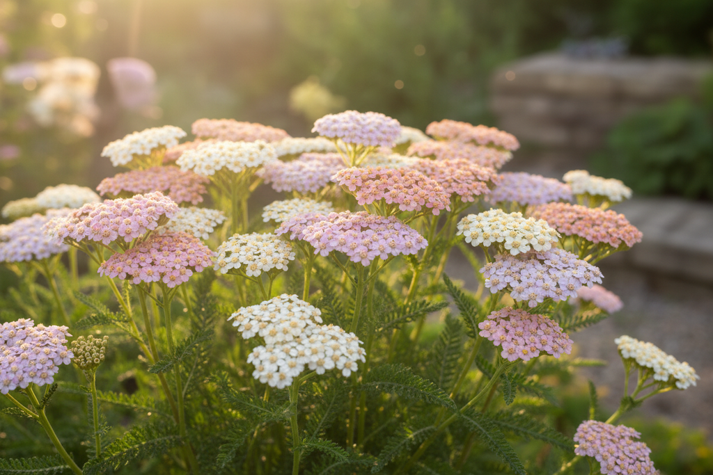 Close-up of Achillea millefolium pastels mix with flat-topped flower clusters in blush, cream, lilac, peach and pale yellow in a sunny garden