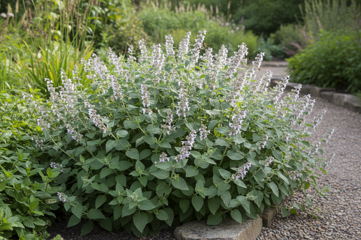 Nepeta cataria catnip plant with soft grey-green leaves and white flower spikes with purple spots growing in a garden