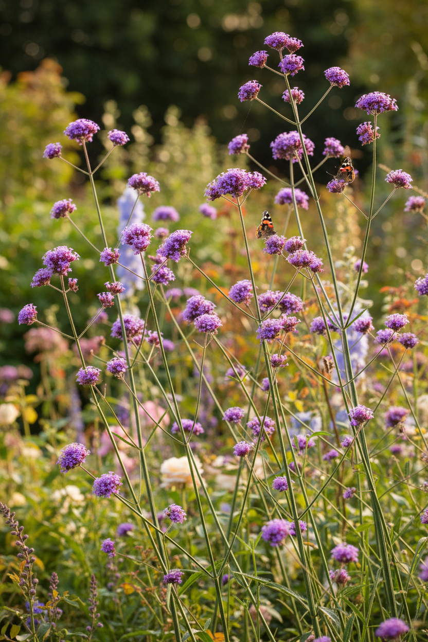 Verbena bonariensis — tall airy branching stems with clusters of vivid purple-violet flowers weaving through a cottage garden border with butterflies