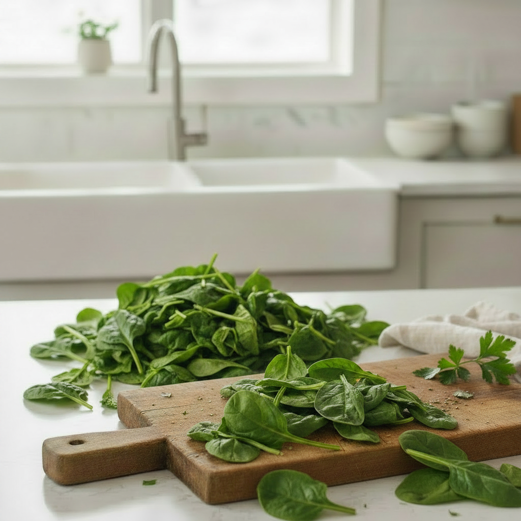 Fresh tender dark green baby spinach leaves spread on a rustic wooden board showing their delicate size, near a kitchen sink with silver tap