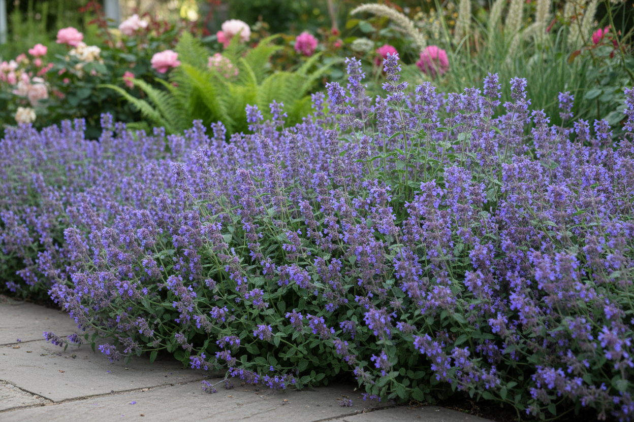 Nepeta mussinii Dwarf Blue Catmint with varied stem heights and deep violet-blue flower spikes growing in a garden border