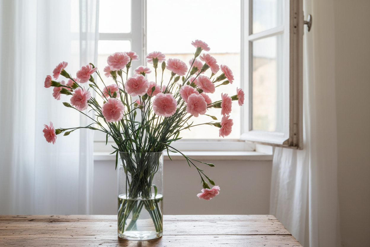 Dianthus caryophyllus Chabaud La France — soft rose-pink carnations with buds at varied heights in a clear glass vase in front of a naturally open sash window with white sheers