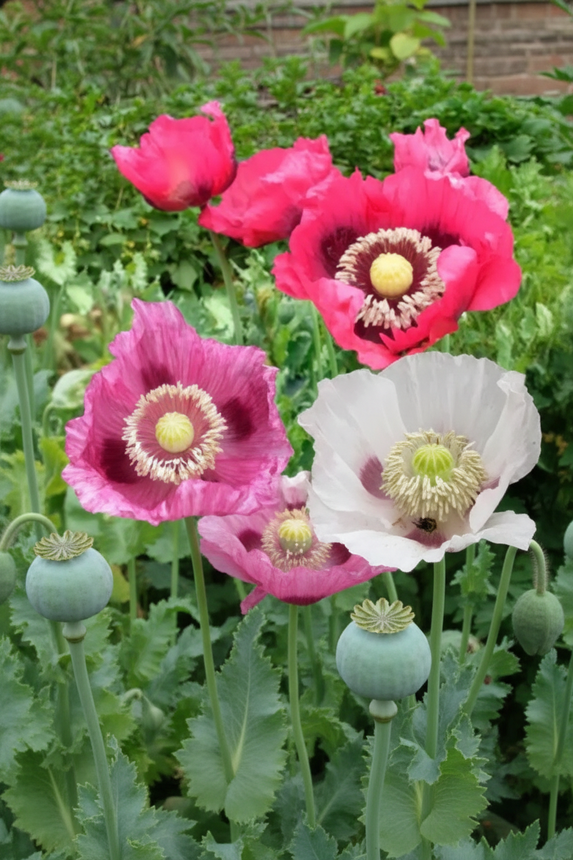 Mixed ornamental poppies — cerise, lilac and white blooms with dark centres and decorative seed pods growing in a cottage garden border