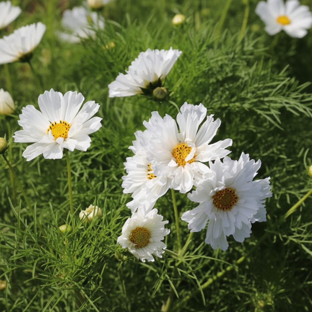 Cosmos bipinnatus Double White — close-up of white semi-double blooms with fringed petals and golden-yellow central disc on wiry stems with feathery green foliage