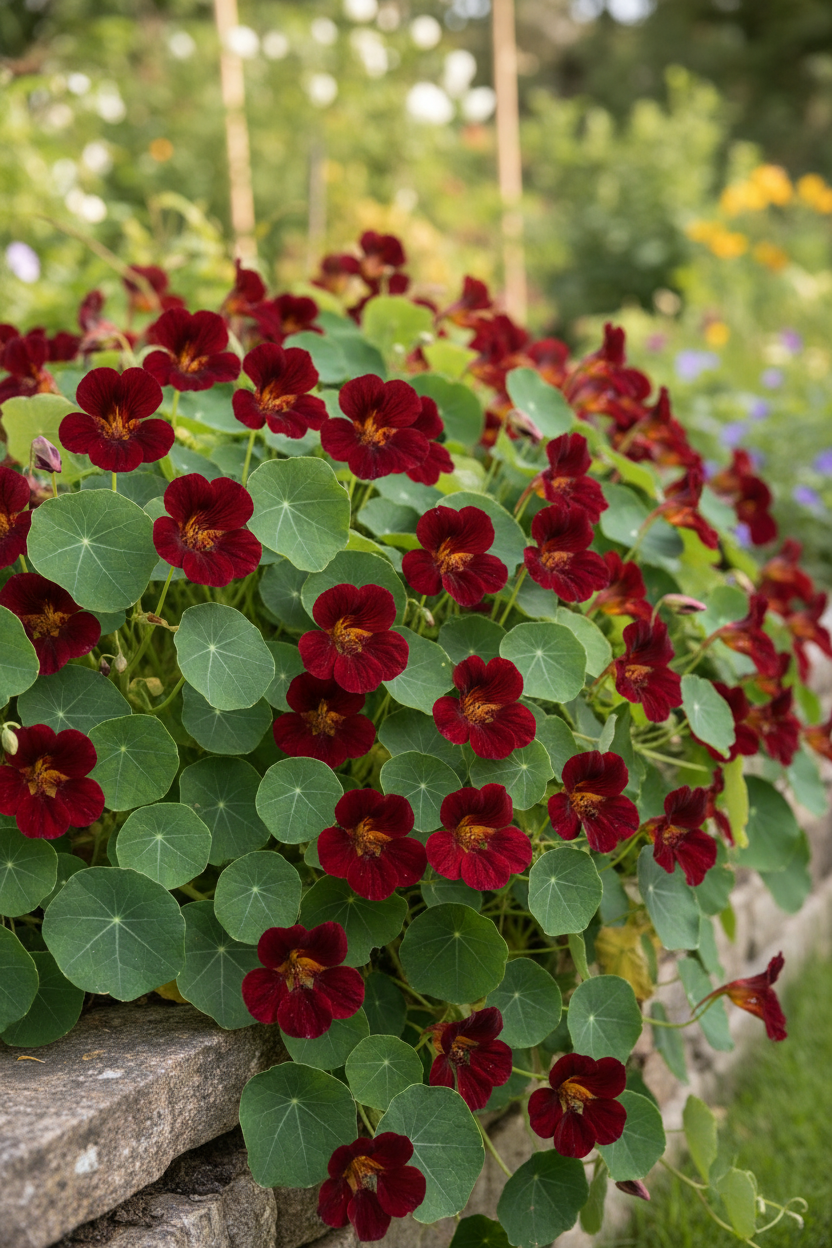 Tropaeolum majus Black Velvet — deep dark crimson-red velvety nasturtium blooms with dark green foliage in a cottage garden border