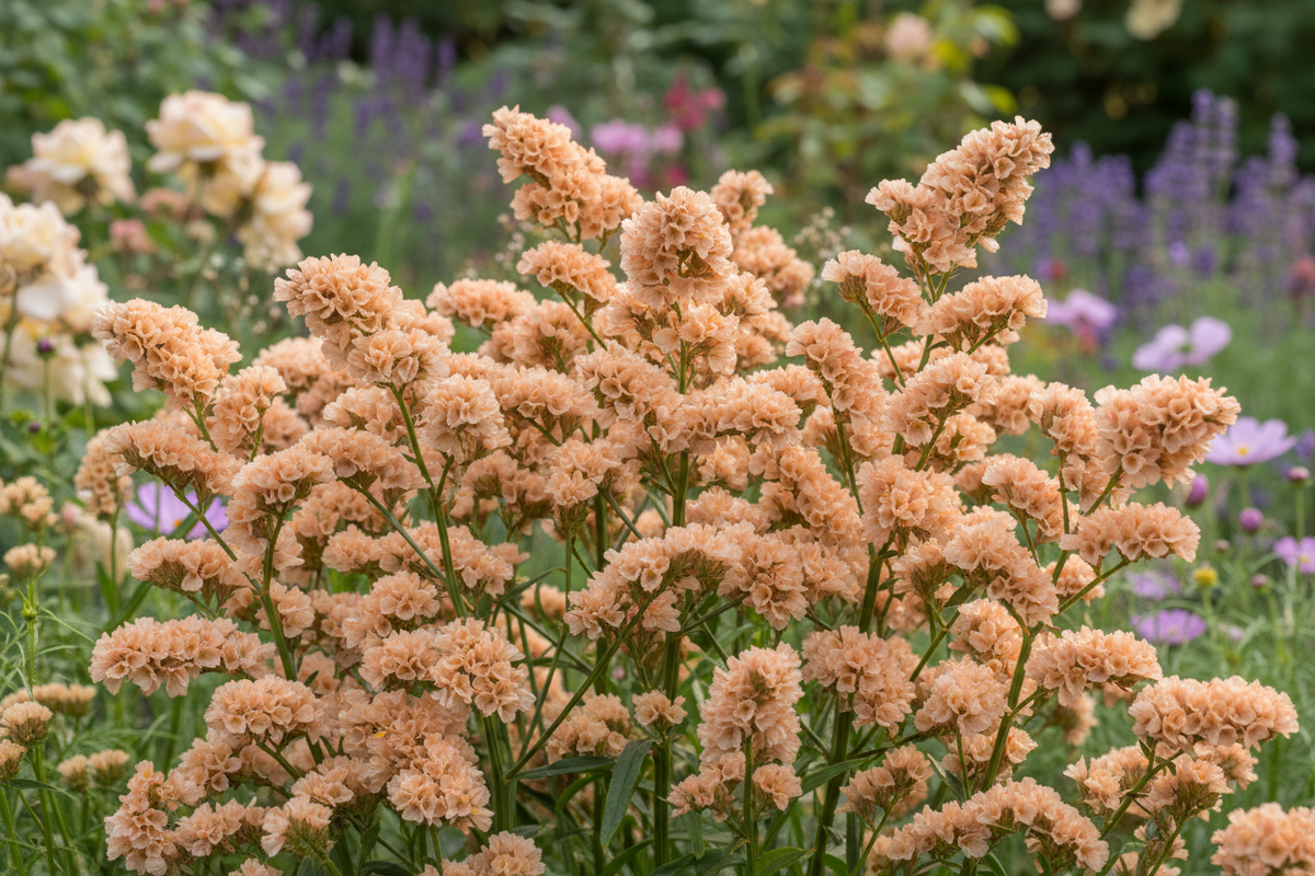 Statice Apricot — Limonium sinuatum branching stems with soft apricot papery everlasting flowers