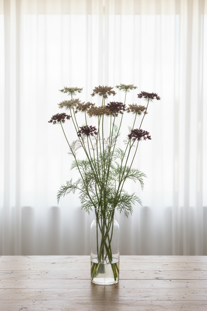 Daucus carota Chocolate Lace Flower with dark burgundy and creamy white lacy umbel flower heads in a clear glass vase on a wooden table, backlit by soft light through long floor-length white sheer curtains