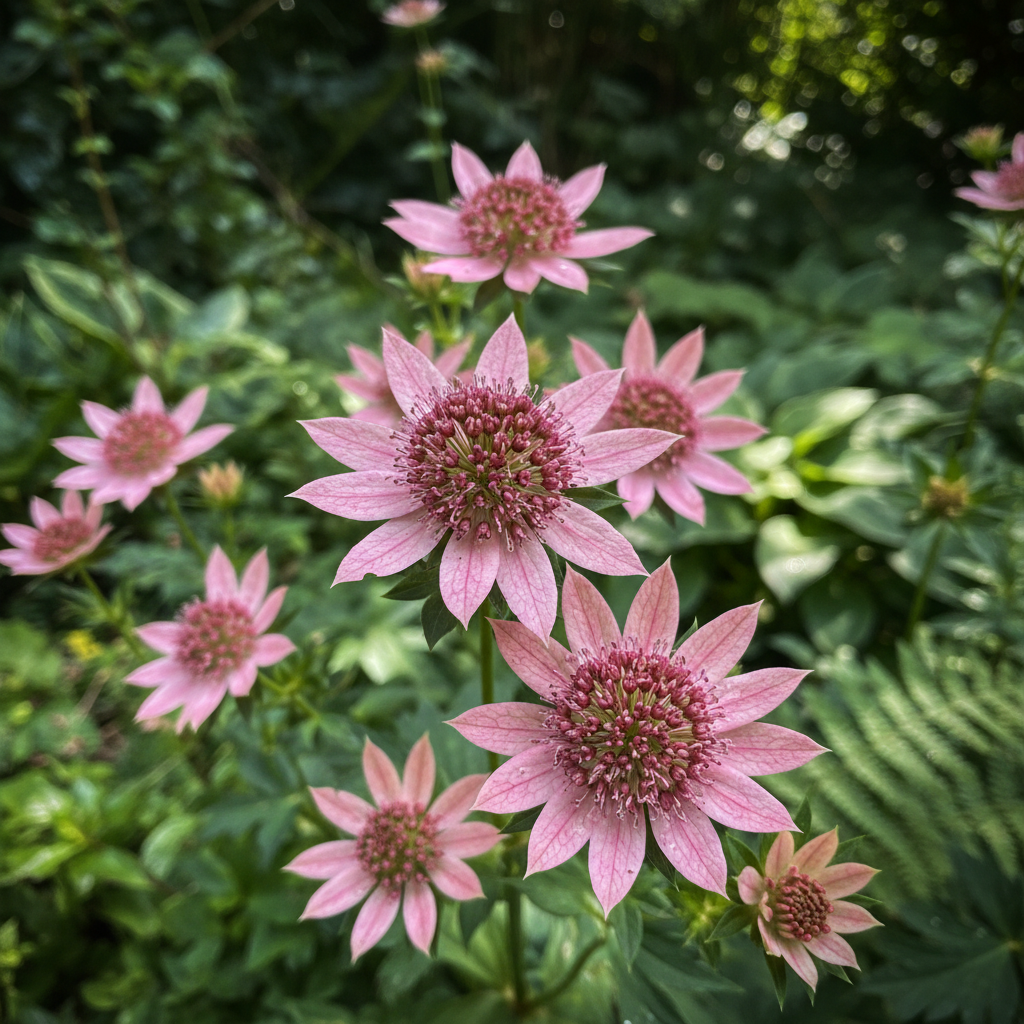 Astrantia Rose Masterwort flowers with deep rose-pink pincushion blooms growing in a shaded cottage garden
