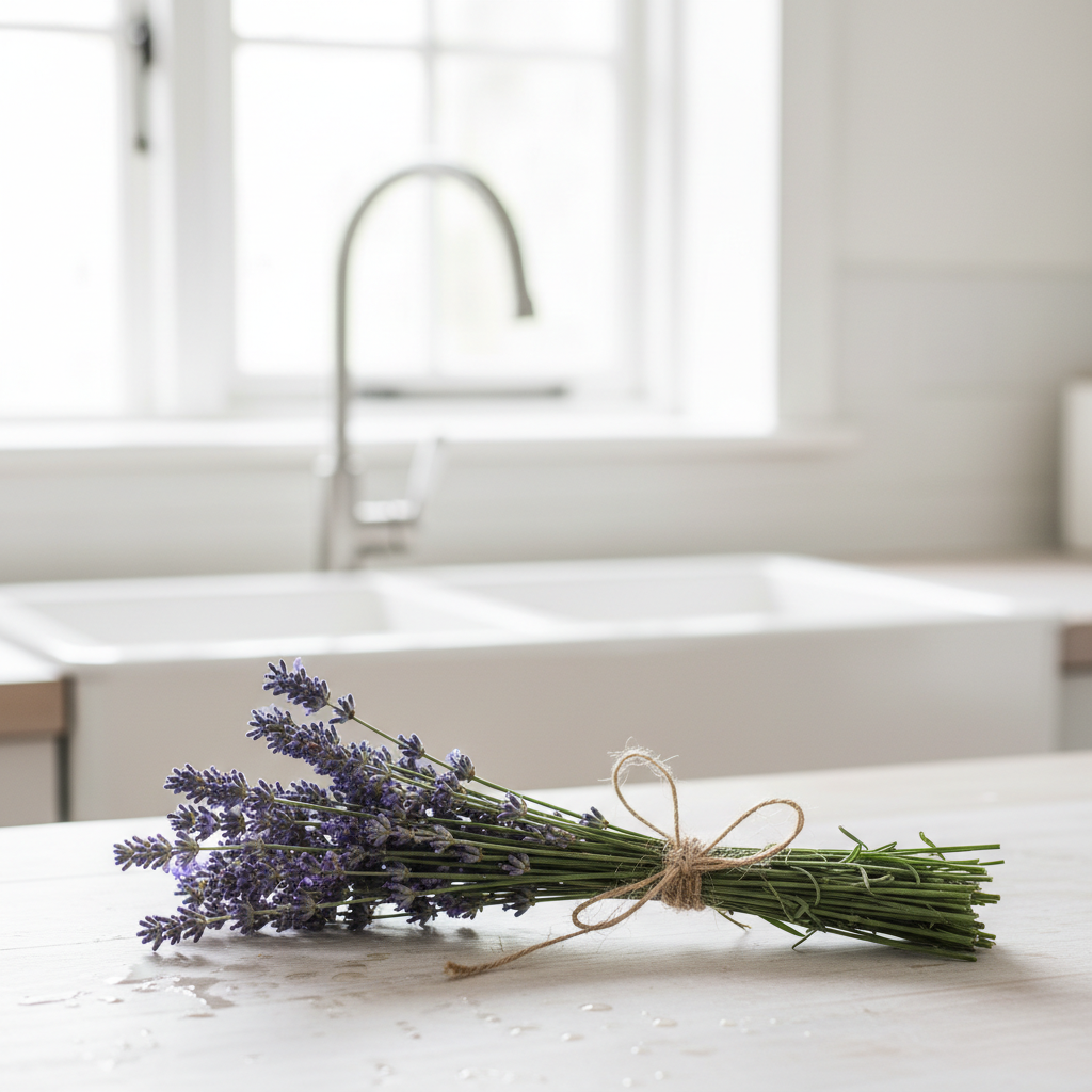 Fresh English lavender bundle tied with twine on a bright airy kitchen bench near a silver tap