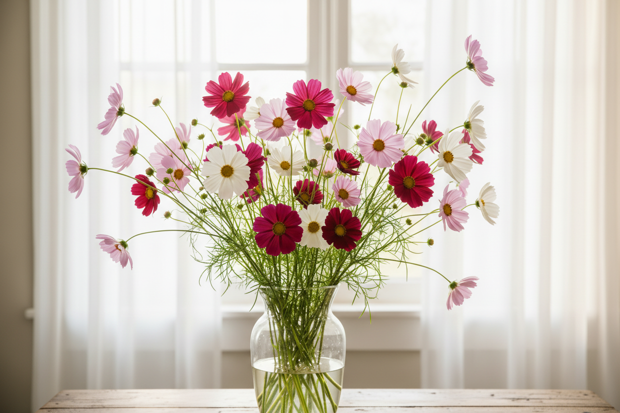 Cosmos bipinnatus Sonata Mixed — vivid mix of hot pink, magenta, crimson and white single blooms with many buds in a clear glass vase in front of a bright window