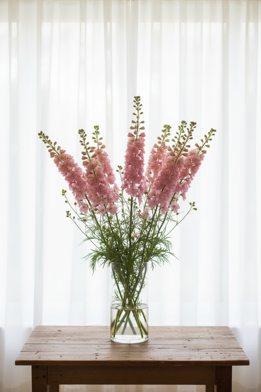 Consolida ajacis Larkspur Pink Queen with 12 stems of soft warm pink spurred florets on slender spires and feathery foliage in a clear glass vase, softly backlit through long white sheer curtains
