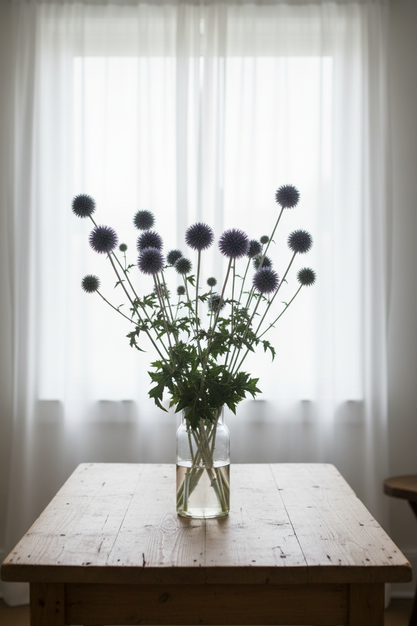Echinops ritro Globe Thistle with striking steel-blue spherical flower heads on tall stems with spiny lobed foliage in a clear glass vase, softly backlit through long white sheer curtains