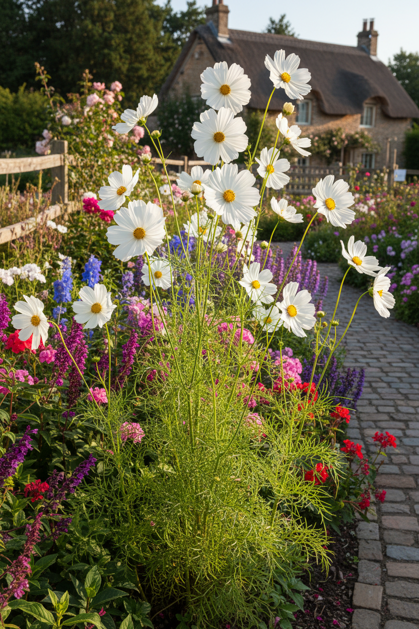 Cosmos bipinnatus White growing tall to 1.6 metres with pristine pure white blooms on long graceful stems in a sunny cottage garden border