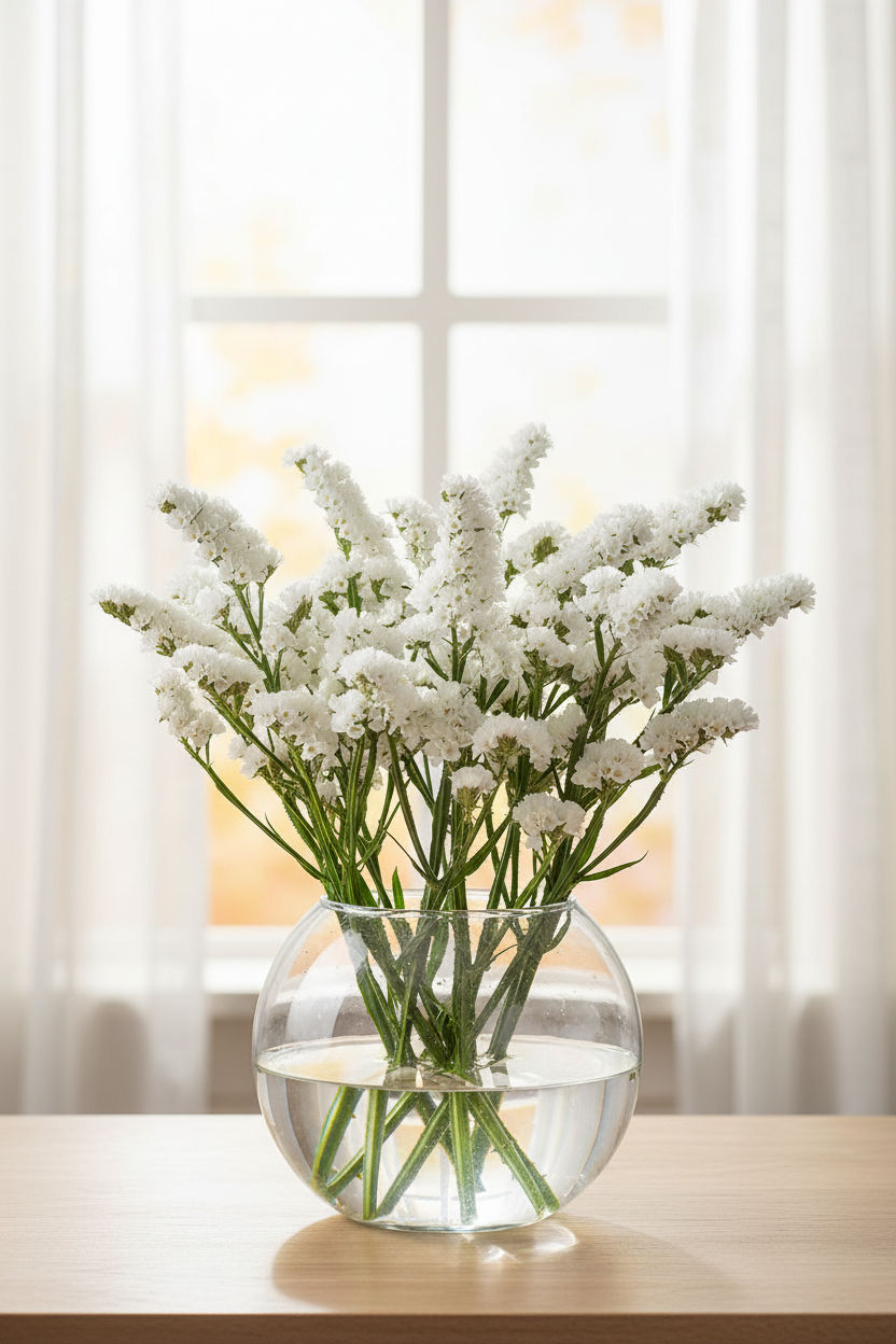 Limonium sinuatum white statice, 20 stems in a wide-mouth globe fishbowl glass vase centred on a table in front of a bright window with loose white sheers, pure white papery blooms with characteristic winged stems