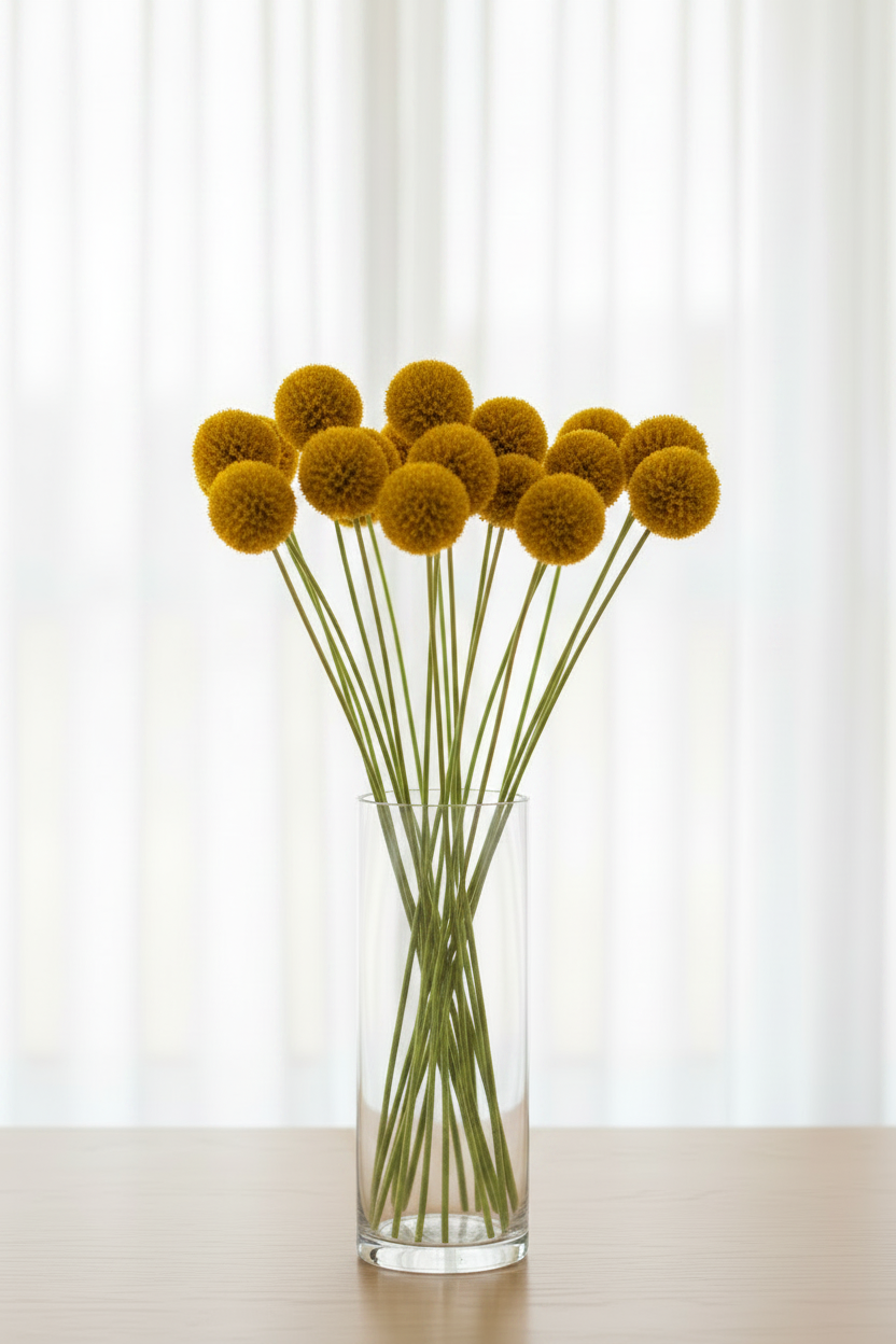 An abundant bunch of Craspedia globosa Billy Buttons with golden-yellow spherical pompom heads on long slender stems in a clear glass vase, backlit by soft light through closed white sheer curtains