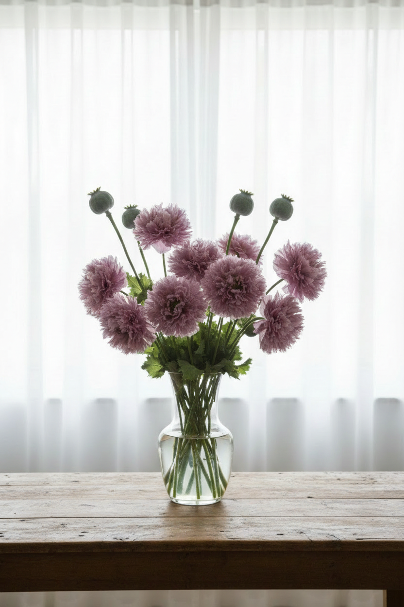 Ornamental double peony-form lilac-mauve blooms with nodding buds and tall glaucous seed pods in a clear glass vase with soft backlit white sheers