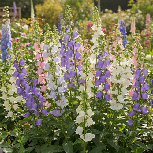 Campanula medium Cup and Saucer tall spires of bell flowers in purple pink blue and white in a cottage garden