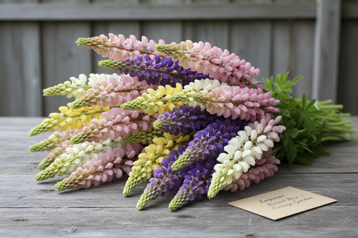 Lupinus polyphyllus Russell Mix lupin stems in mixed cottage garden colours