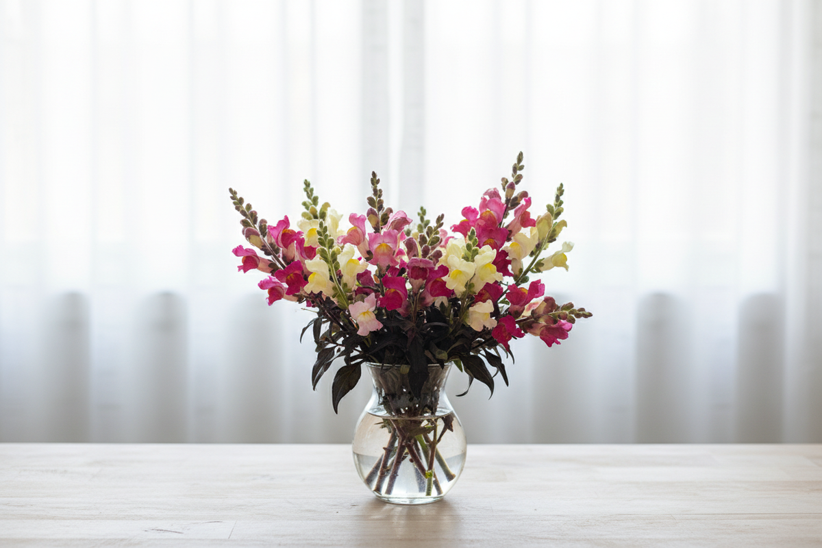 Snapdragon Twilight Mix blooms with near-black foliage in a glass vase in front of white sheer curtains