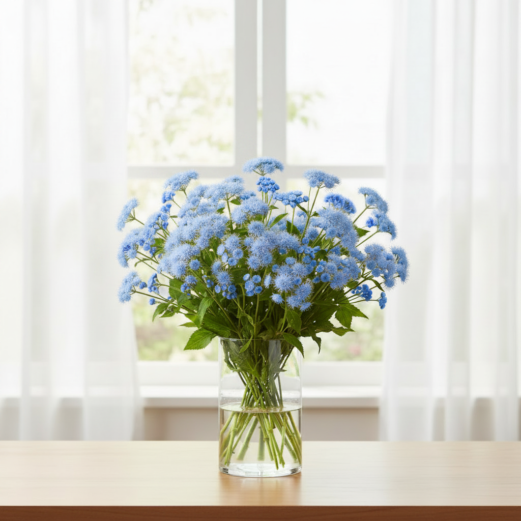 Ageratum houstonianum Blue Bouquet flowers in a glass vase by a bright window with white sheer curtains