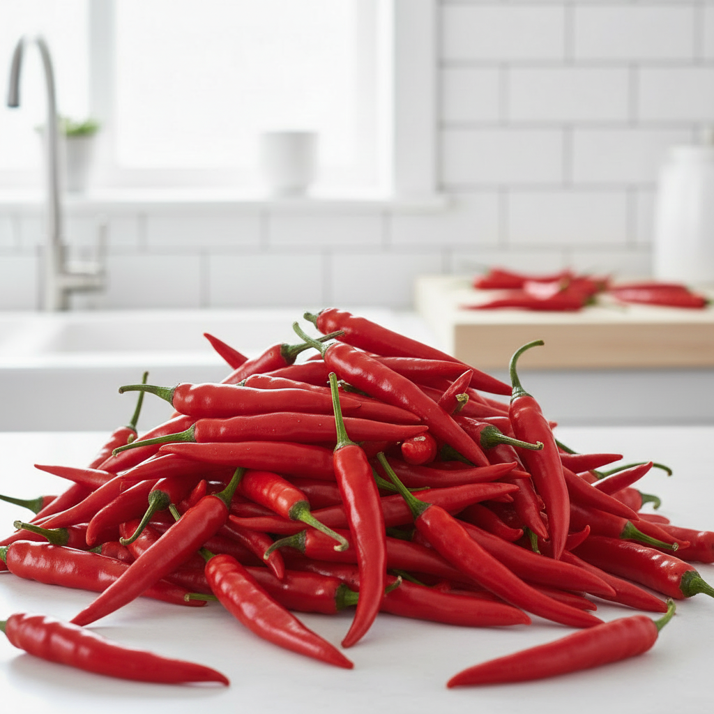A generous pile of long slender bright red cayenne chillies on a bright airy kitchen bench